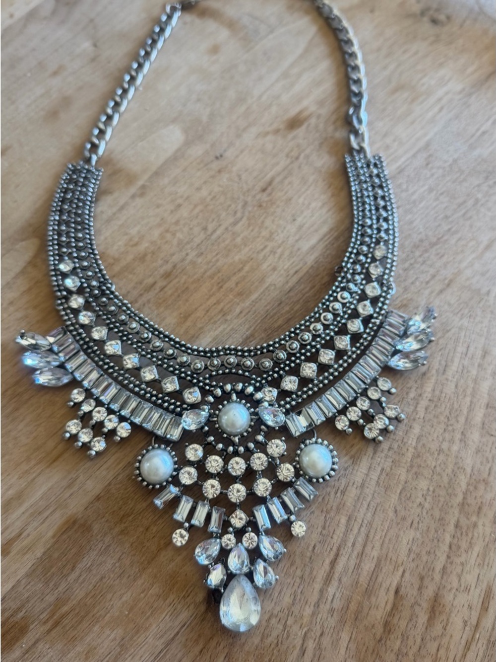 Statement Silver-Tone Crystal Bib Necklace - Women Jewelry